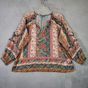 Democracy Top Womens 2X Floral Paisley Ruffle Puff Long Sleeve Boho Cottagecore